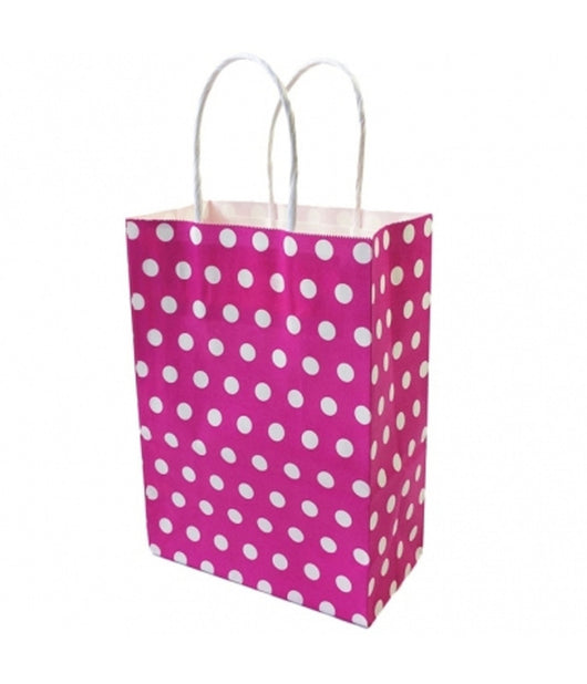 6 Pezzi Busta Buste Da Regalo Shoppers In Carta Con Manici Fucsia Pois 21x14.5x8         