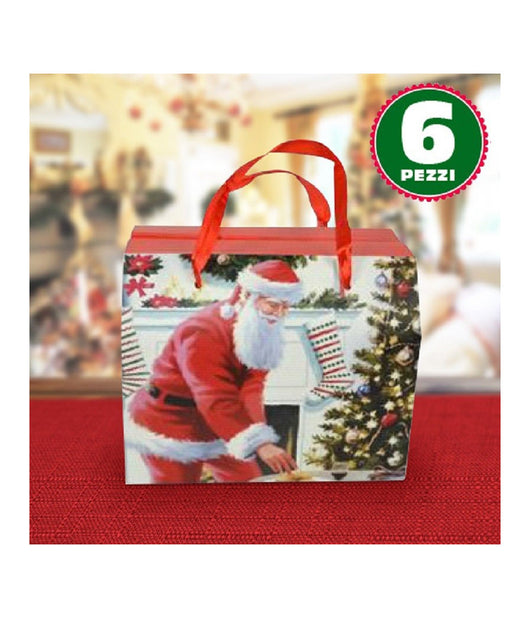 6 Scatole Da Regalo Stampa Babbo Natale Classico Manici Rossi 13,5x11,5x16,5cm         