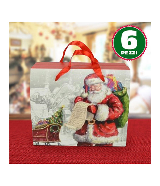 6 Scatole Da Regalo Stampa Babbo Natale Classico Manici Rossi 23 X 12,5 X 27,5cm         
