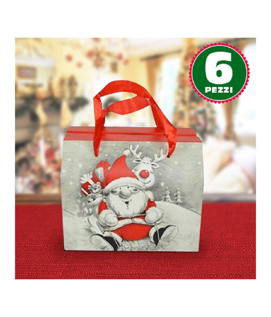 6 Scatole Da Regalo Stampa Babbo Natale Moderno Manici Tessuto Rossi 16x13x19cm         