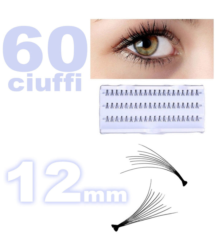 60 Ciuffi Ciglia Finte 12mm Nero Per Ciglia Naturali Singole Estensione Trucco         