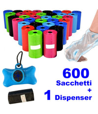600 Sacchetti Igienici Per Bisogni Escrementi Cani Raccolta Feci Con Dispenser         