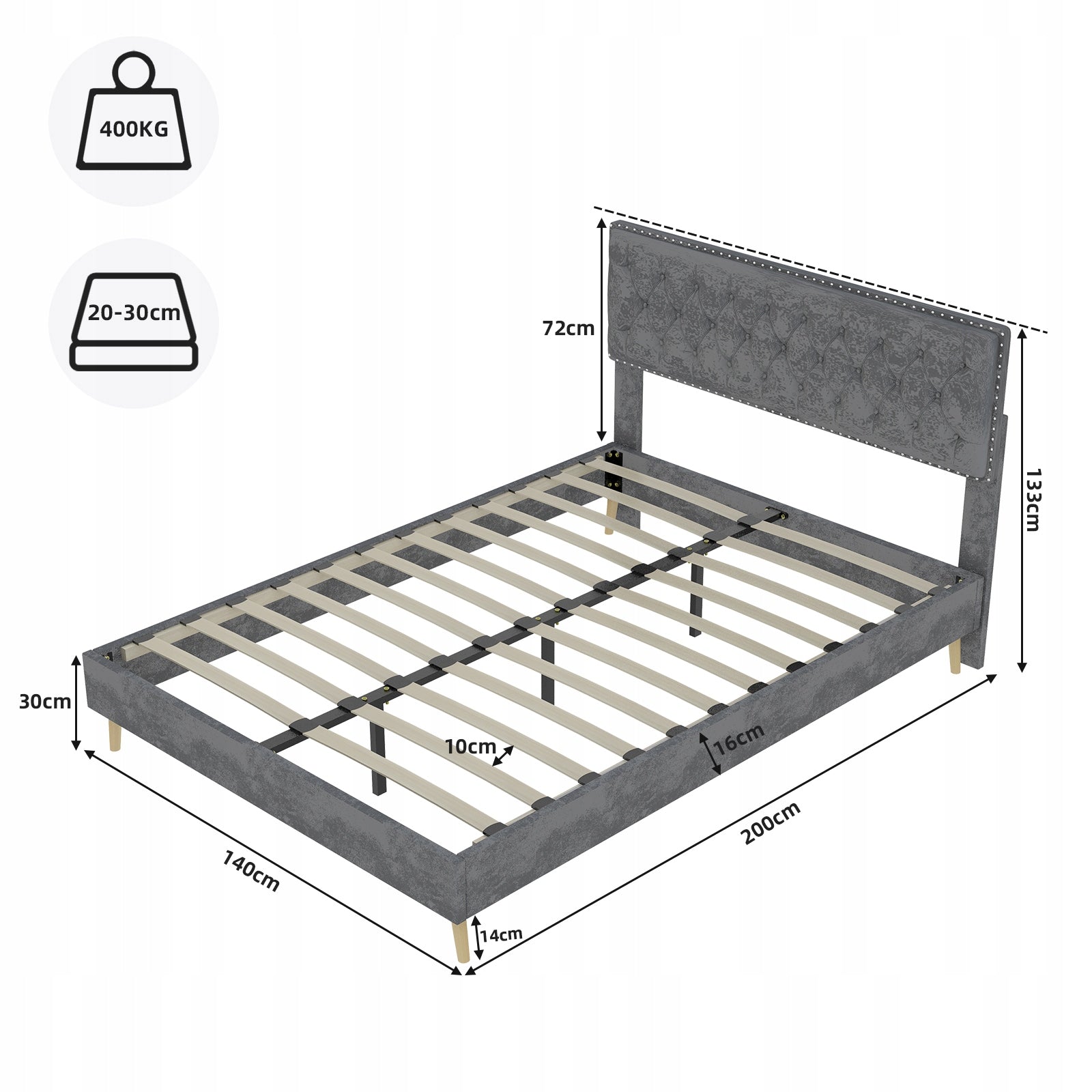 Letto minimalista - Xylo - 140x200 - Grigio senza materasso