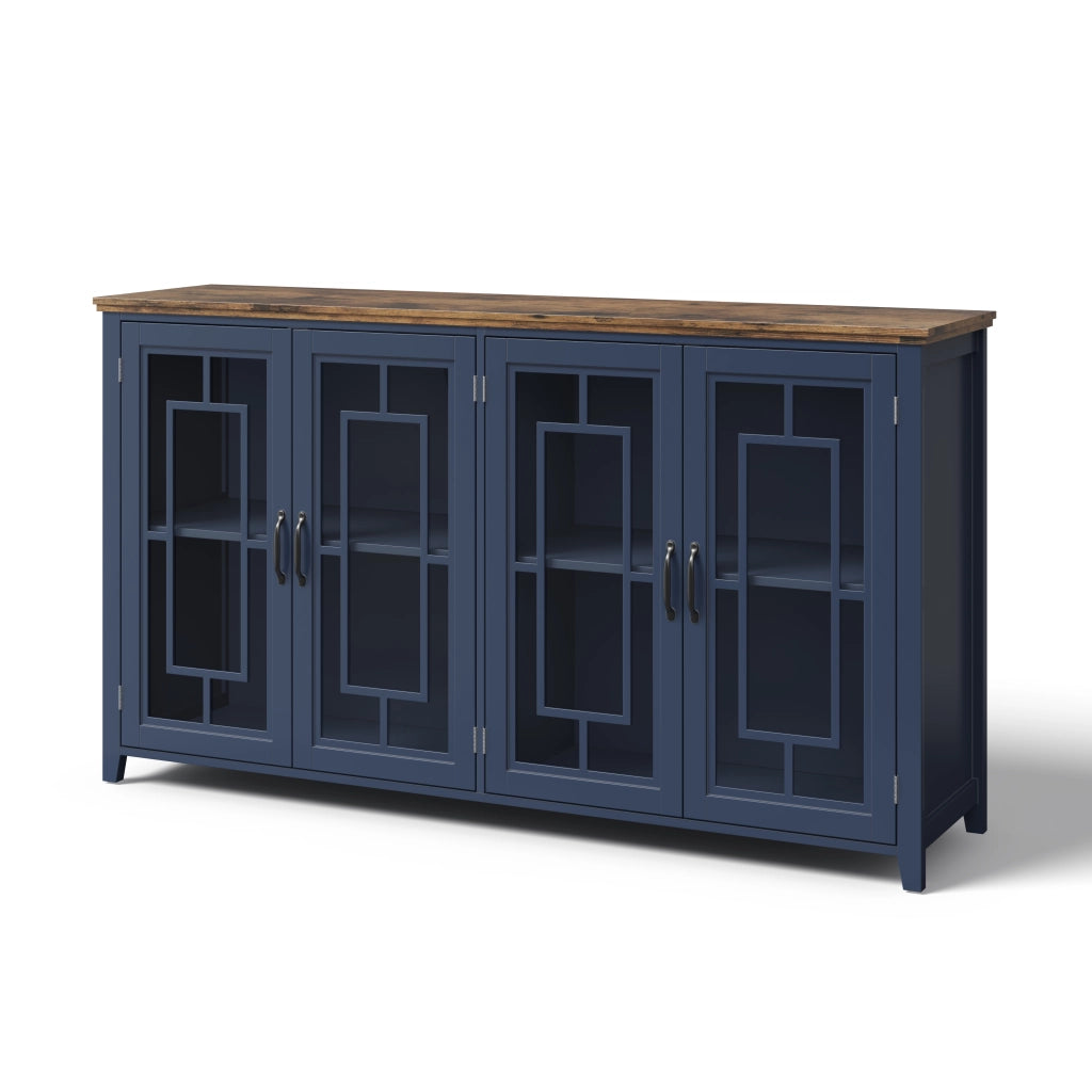 Credenza da cucina 160 cm con ante in vetro, ripiani interni e piano effetto legno, blu