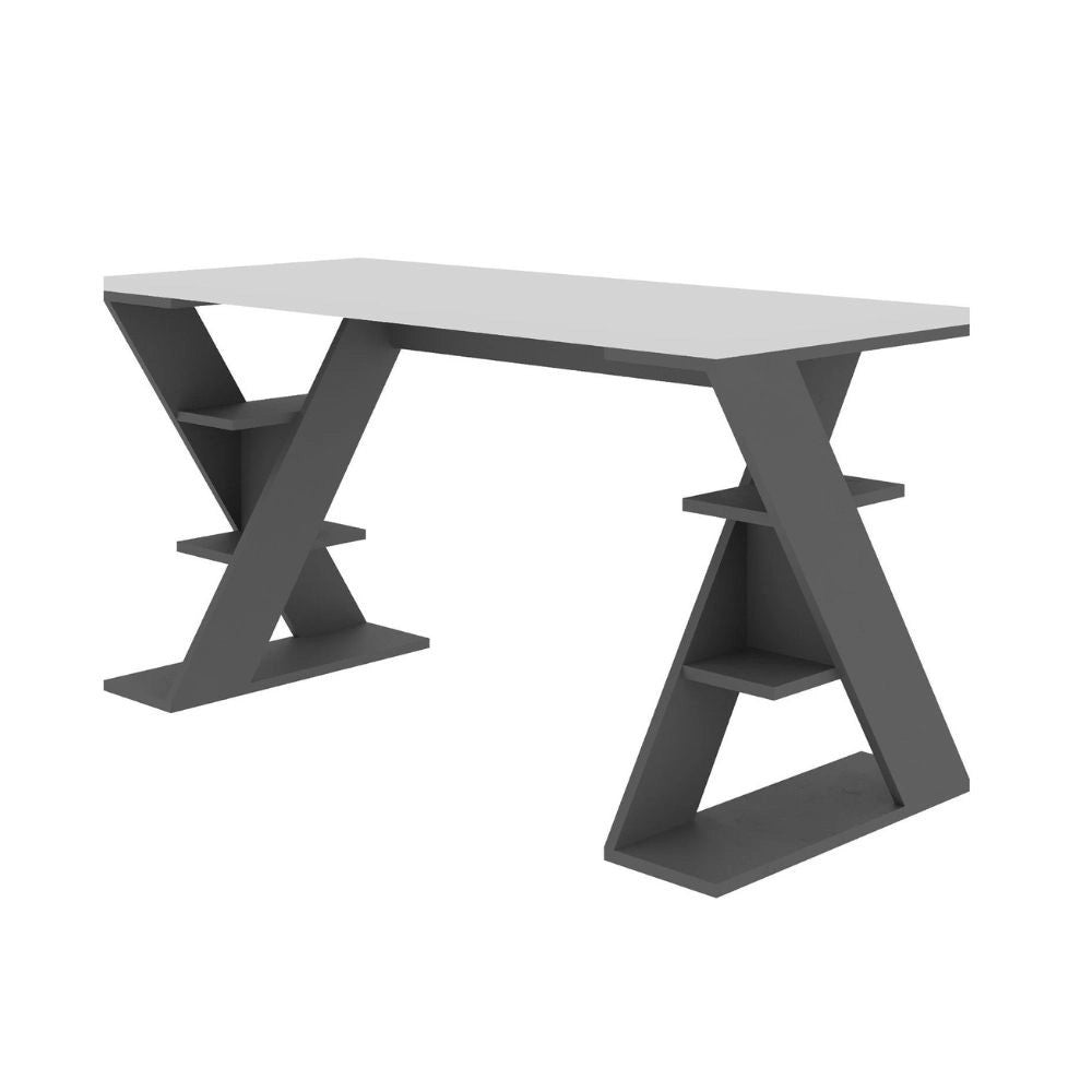Scrivania Papillon bianca e antracite con gambe a X e ripiani integrati 137x60x75