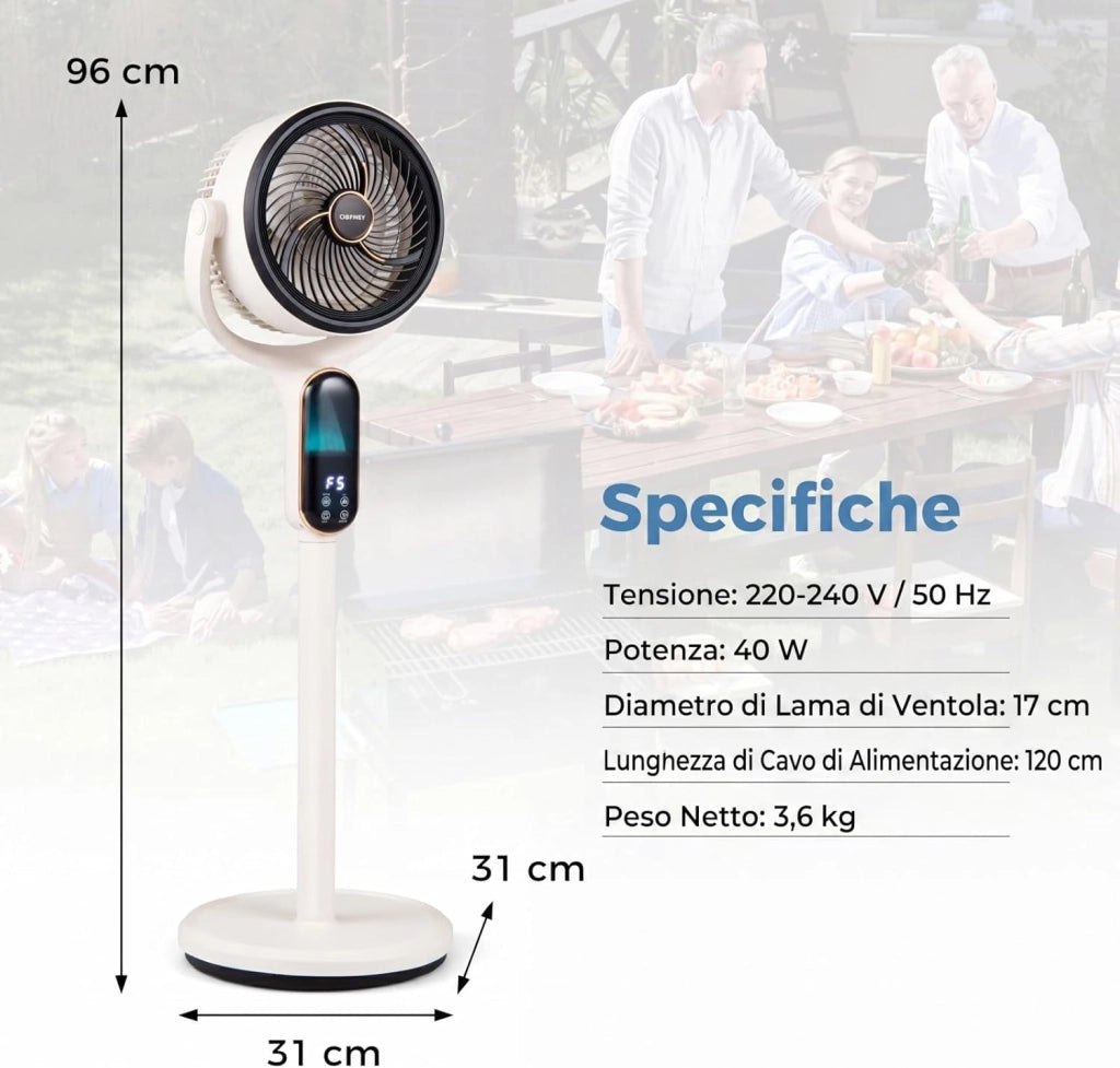 40 W Ventilatore a Piantana, Ventilatore Silenzioso con 8 Velocità, 3 Altezze Regolabili, Oscillazione a 90°+ 60°, Luce, Timer e Telecomando per Casa e Ufficio (Bianco)