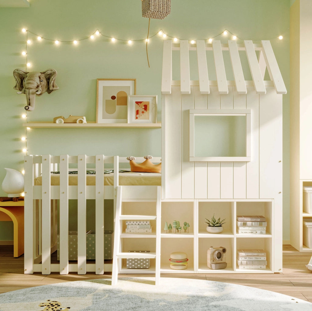 Letto a soppalco per bambini 90x200 cm con tetto e contenitori; bianco