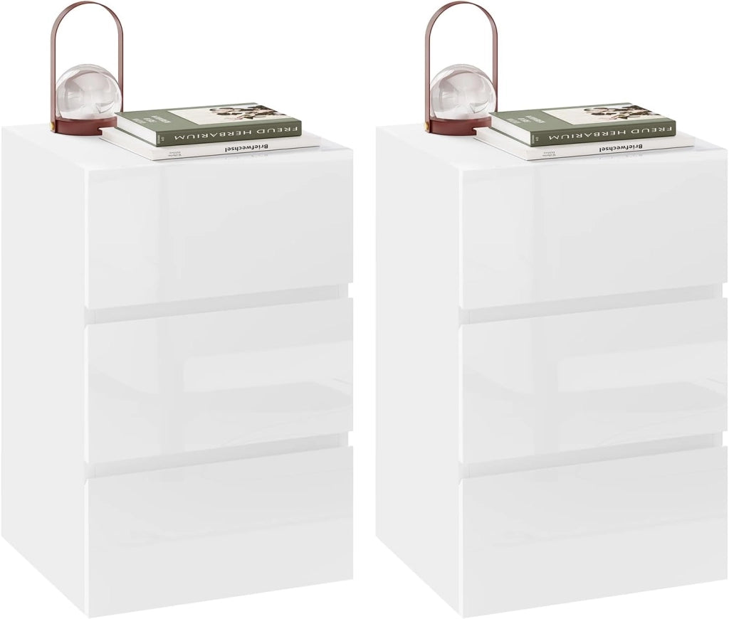Set di 2 Comodino per Camera da Letto, Mobiletto Bianco con 3 Cassetti, Cassettiera Piccola Salvaspazio in Legno, con Guide Metalliche, Design Moderno, 40x35x62cm