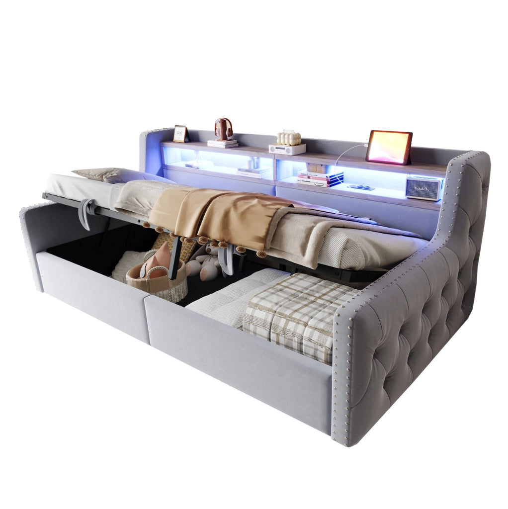 Divano letto 90 x 200 cm con contenitore, LED e prese integrate