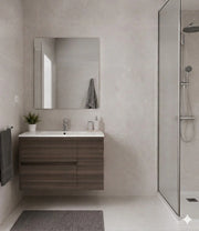 Mobile Bagno HEIMDALL Già Montato 2 cassetti e porta, lavabo e specchio Frassino tea 120x45 cm doppio lavabo