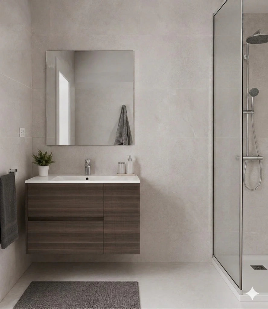 Mobile Bagno HEIMDALL Già Montato 2 cassetti e porta, lavabo e specchio Frassino tea 120x45 cm doppio lavabo