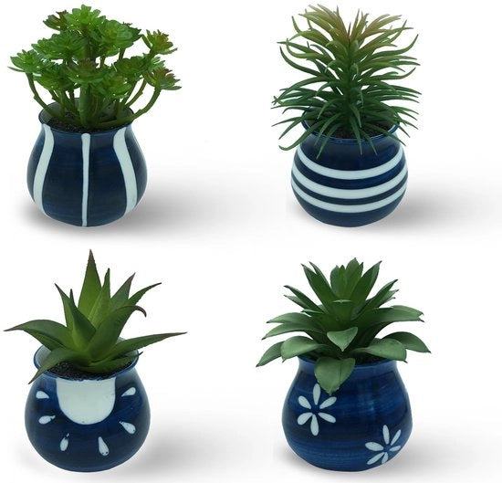 Set di 4 piante artificiali, vere come le vere, in vasi ceramici personalizzati: piante artificiali | decorazione per la camera da letto | decorazione per la camera da bagno | piante artificiali | decorazione per l'ufficio | piante artificiali piccole