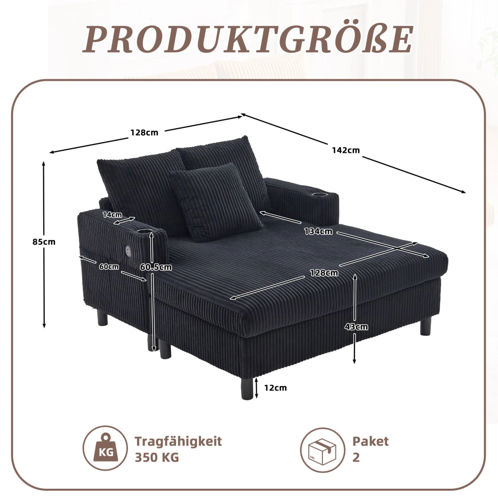 Chaise longue 142x128x85 cm in velluto a coste nero con USB， LED e portabicchiere