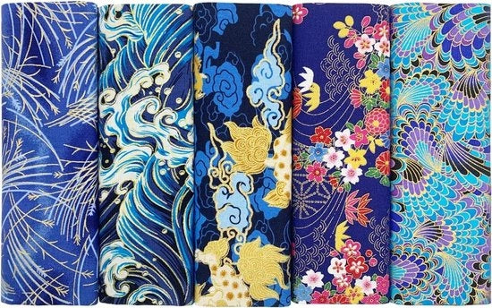 Tessuto in stile giapponese per progetti di patchwork - marrone - a metro - 40 x 80 cm - blu - 5 pezzi