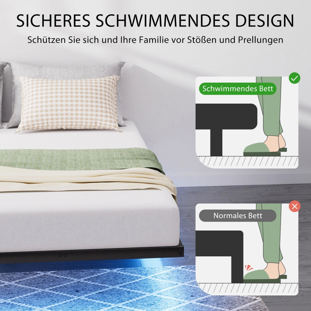 Letto flottante in metallo con LED e doghe, 160x200 cm, nero