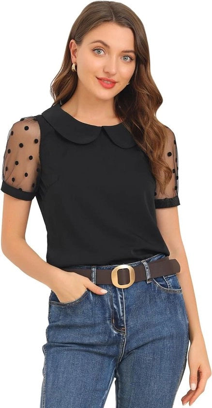 Blusa femminile vintage con maniche a pizzo e collo a bavetta, nero, XXL - Superficie a rete superiore con punti a righe di polka