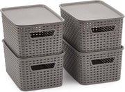 Set di contenitori 6 litri - Insieme da 4 pezzi con coperchio - Contenitore di plastica contenitore - Stile rattan - Grigio