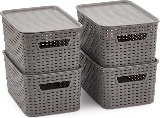Set di contenitori 6 litri - Insieme da 4 pezzi con coperchio - Contenitore di plastica contenitore - Stile rattan - Grigio