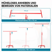 Sollevatore pannelli cartongesso max 68kg, altezza 190-330cm, Carrello Alzapannelli Alzalastre