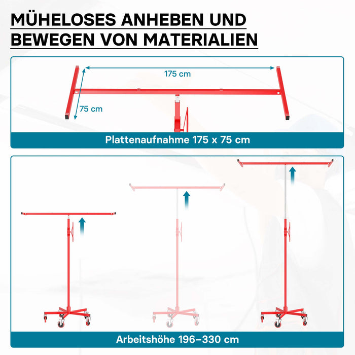 Sollevatore pannelli cartongesso max 68kg, altezza 190-330cm, Carrello Alzapannelli Alzalastre