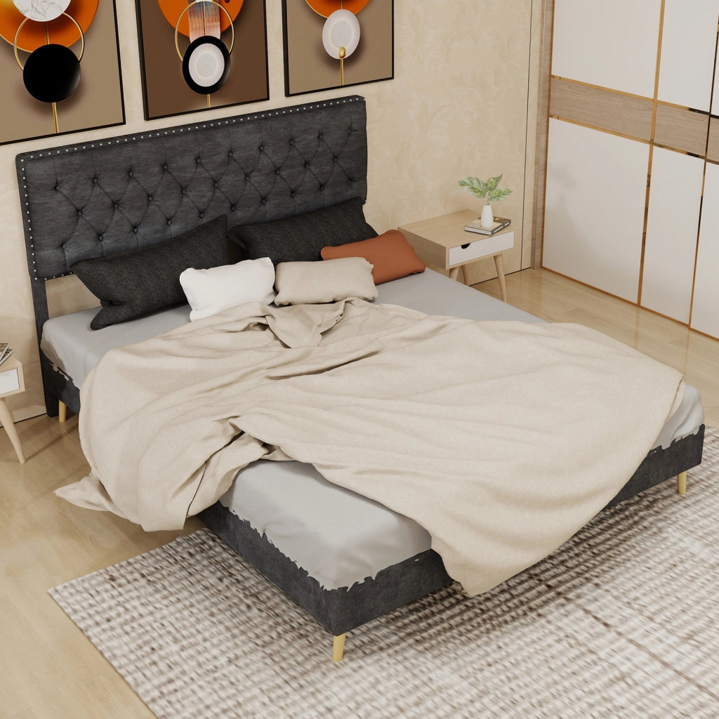 Letto Matrimoniale 160x200 cm - Spazio Sottoletto; Testiera Alta - in Tessuto - Grigio