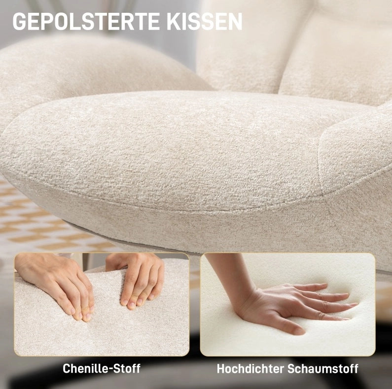 Poltrona girevole in ciniglia color crema con base in acciaio