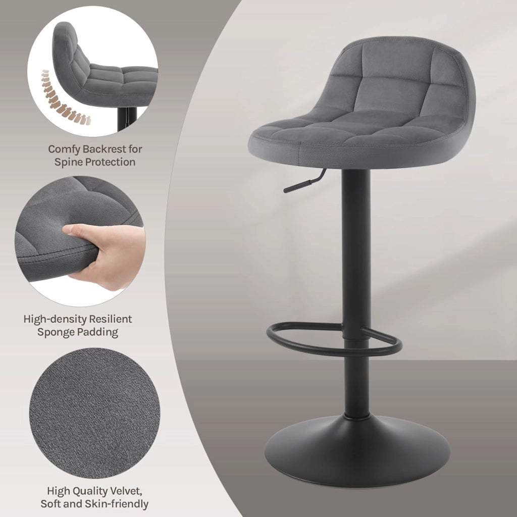 Set di 2 Sgabelli da Bar con Schienale Sedia Alta da Cucina Imbottita Seduta Regolabile in Altezza 60-82cm con Poggiapiedi Girevole a 360° in Velluto, Grigio Scuro BH317dgr-2