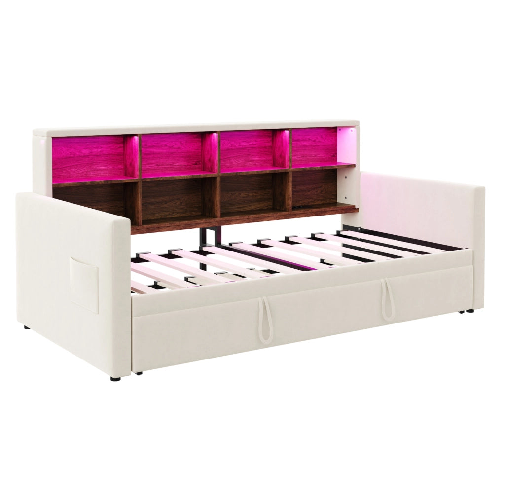 Divano letto imbottito 90x190 cm beige con letto estraibile, LED e prese di ricarica