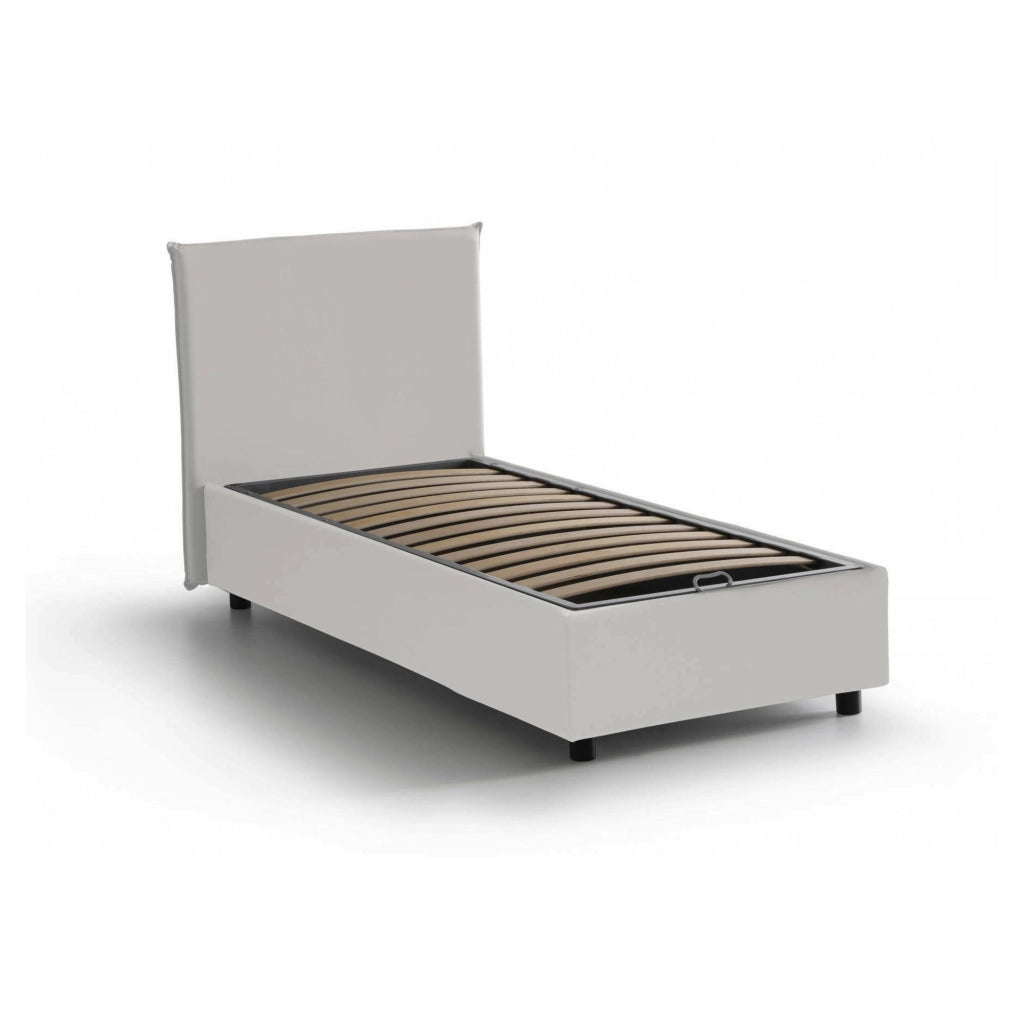 Letto singolo Asio, Letto contenitore con rivestimento in ecopelle, Made in Italy, Apertura frontale, adatto per materasso cm 80x190, Bianco