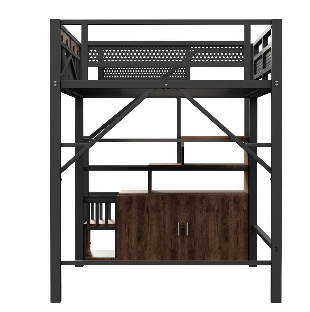 Letto a soppalco in metallo 140x200 cm con vano contenitore, scala laterale e design con finestra