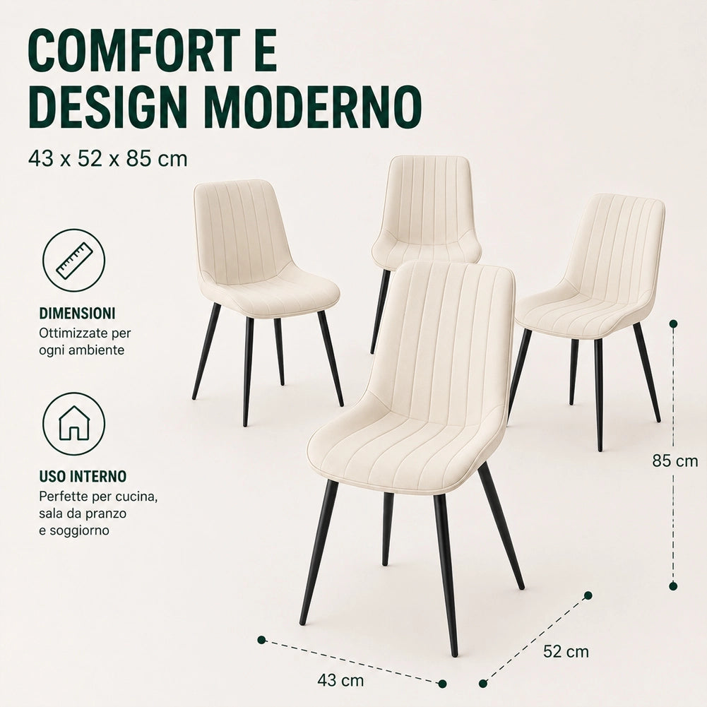 Set 4 Sedie da Pranzo Crema in Velluto Seduta Ergonomica e Struttura in Acciaio
