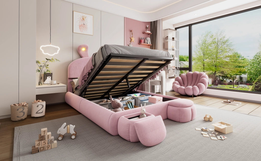 DESMIU Letto Contenitore Letto Matrimoniale con LED regolabile, 2 pouf contenitori e vano 140 × 200 cm senza materasso