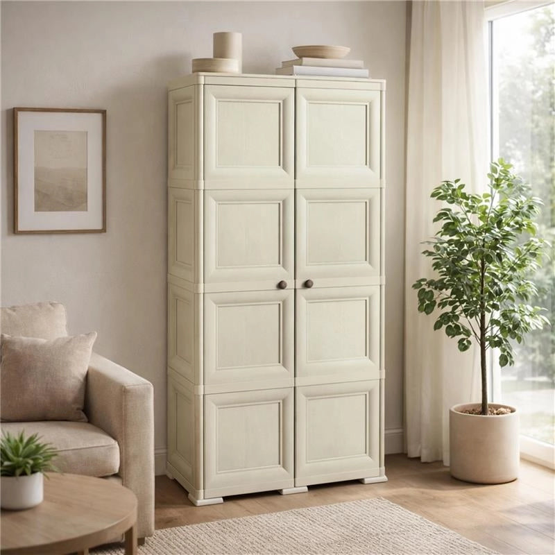 ARMADIO 4 MODULI IN PLASTICA 79X43X164 CM – MOBILE CONTENITORE MULTIUSO PER SALOTTO, PERGOLATO E BALCONE COPERTO, DESIGN CLASSICO EFFETTO LEGNO
