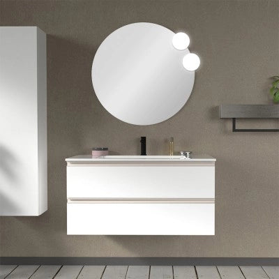 Mobile bagno sospeso 100 cm bianco opaco con lavabo e specchio tondo Master