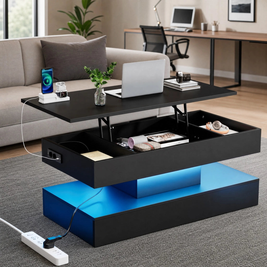TAVOLINO da caffè alzabile 100x50x42 cm con LED e prese UE nero in truciolare