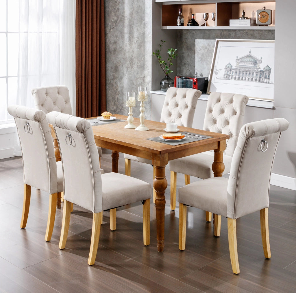 Set 2 sedie da pranzo in velluto beige con gambe in rovere e schienale curvo