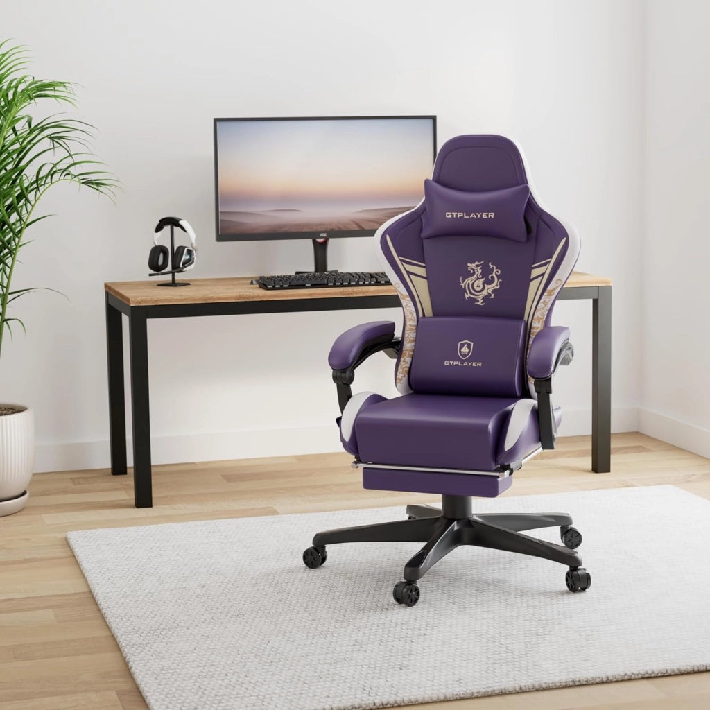 Sedia Gaming Ergonomica Poltrone con Altoparlanti Bluetooth e Poggiapiedi Sedia Gamer Reclinabile Serie Dragon Sedia Ufficio con Poggiatesta e Cuscino Lombare per Lavoro e Gioco Viola