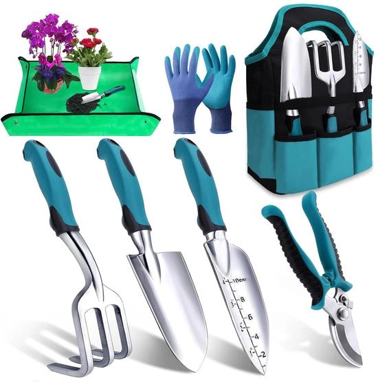 Set di attrezzi per giardinaggio, 7 pezzi, set di attrezzi per giardinaggio in acciaio inox con cassetta di stoccaggio duratura, manico antiscivolo ergonomico per attrezzi da giardinaggio (Azzurro cielo)