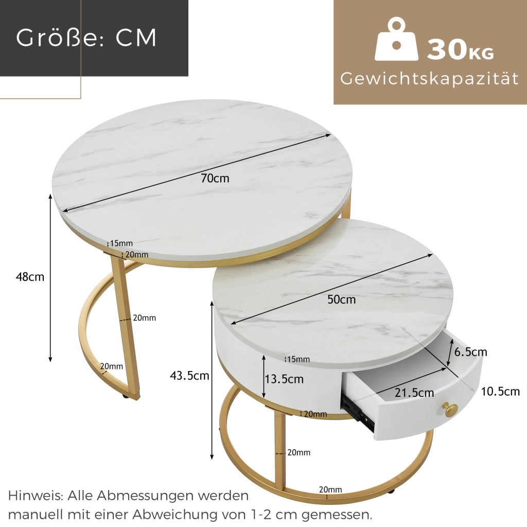 Tavolini da caffè impilabili set 2 con piano effetto marmo per soggiorno in MDF bianco