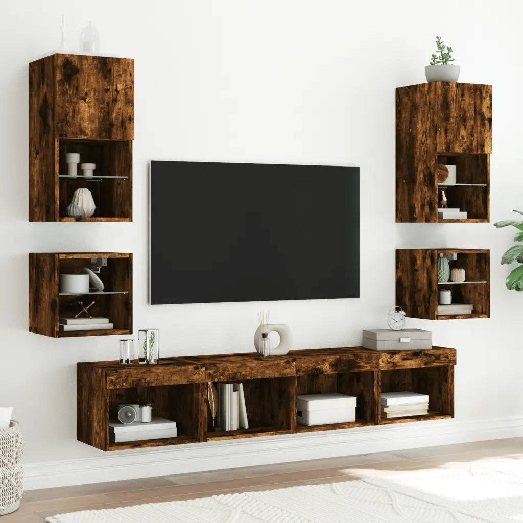 Mobili TV a Parete con Luci LED 2pz Rovere Fumo 30x28,5x30 cm 836982