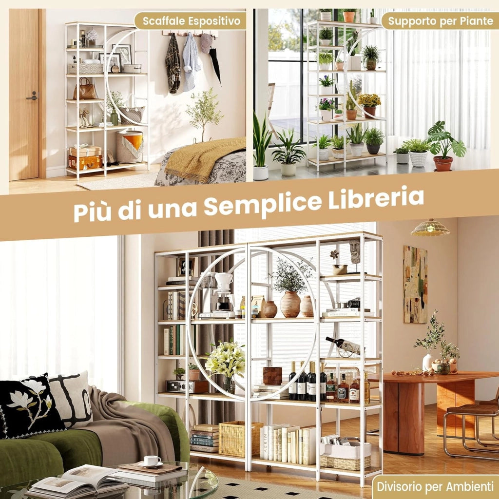Libreria Moderna a 6 Ripiani Aperti, Scaffale Alto Autoportante Forma di Mezzaluna, Struttura in Metallo, Organizzatore per Soggiorno Ufficio, 100x30x177 cm (Naturale)