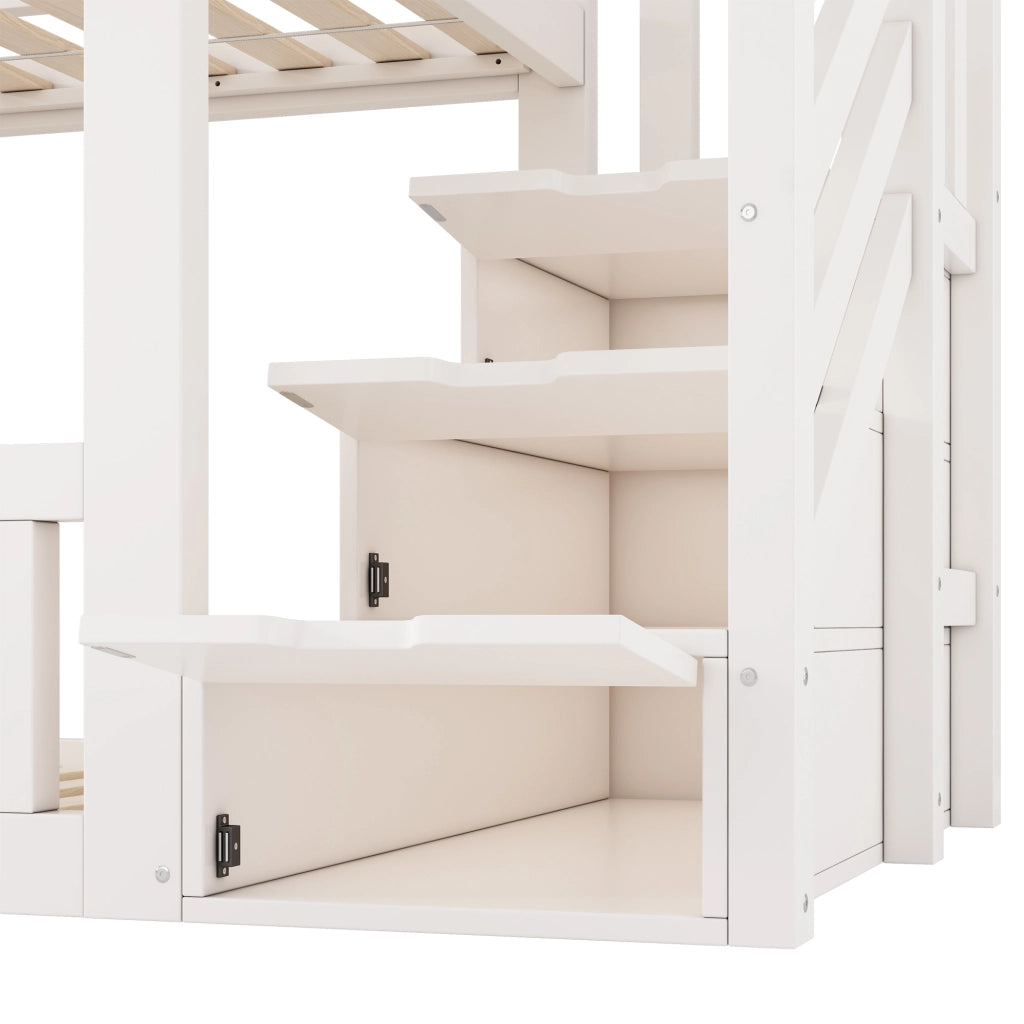 Letto a castello per bambini 90 × 200 cm con scala contenitore e finestre, senza materasso, in legno, bianco
