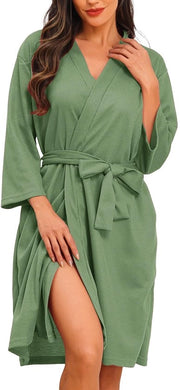 Badjas da donna con manica 3/4 a piqué, saunabagno con tasche, lunghezza pantalone, colore verde, S