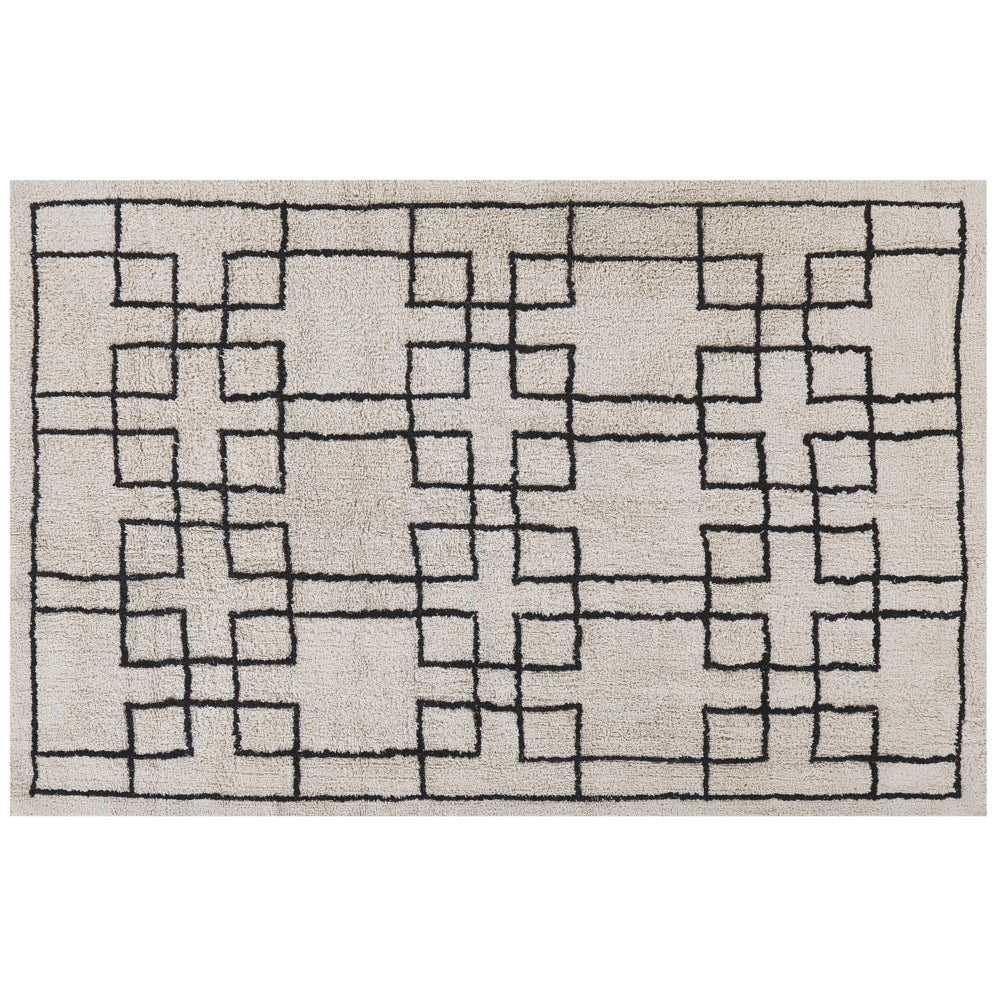 Tappeto di cotone beige scandinavo con motivo geometrico fatto a mano 160 x 230 cm