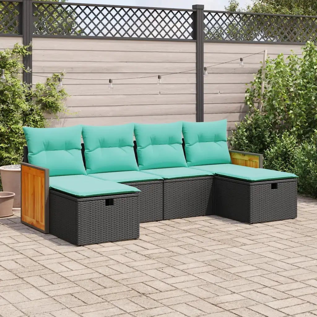 Set Divano da Giardino 6 pz con Cuscini Nero in Polyrattan
