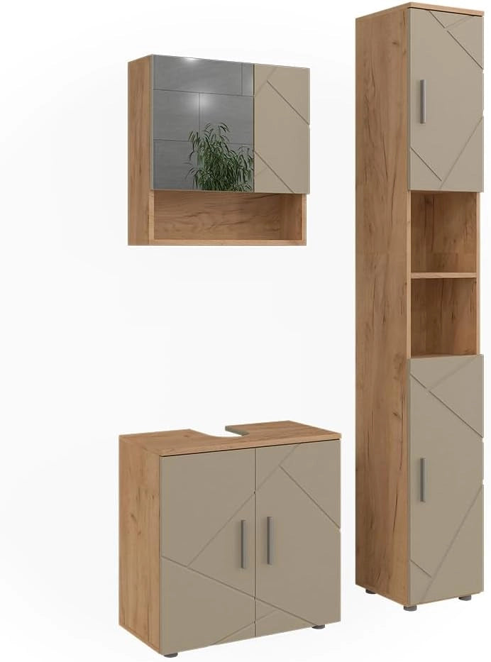 Set di mobili da bagno Irma, Beige, 60 cm, composto da mobile sottolavabo, specchiera e colonna alta