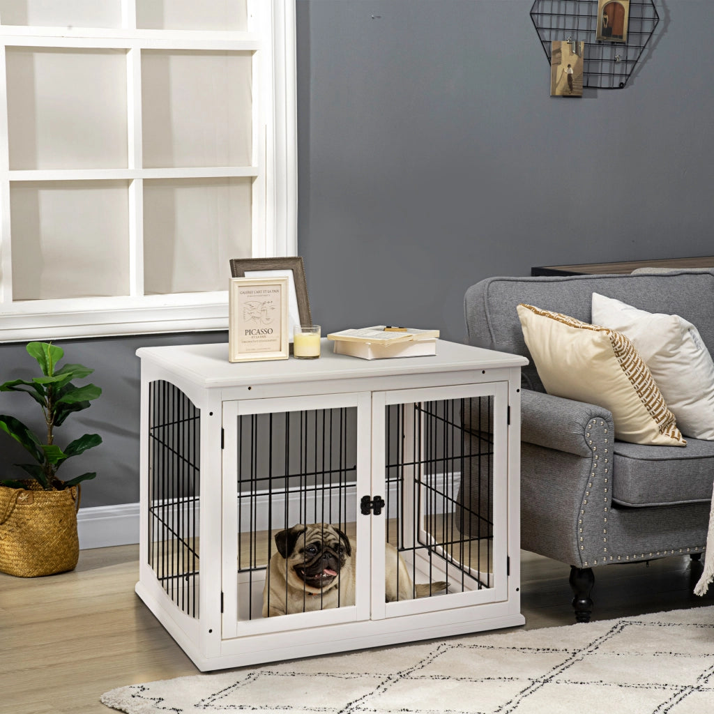 Scaffale per cani con due porte e chiusure in MDF bianco per interni 81 × 58,5 × 66 cm