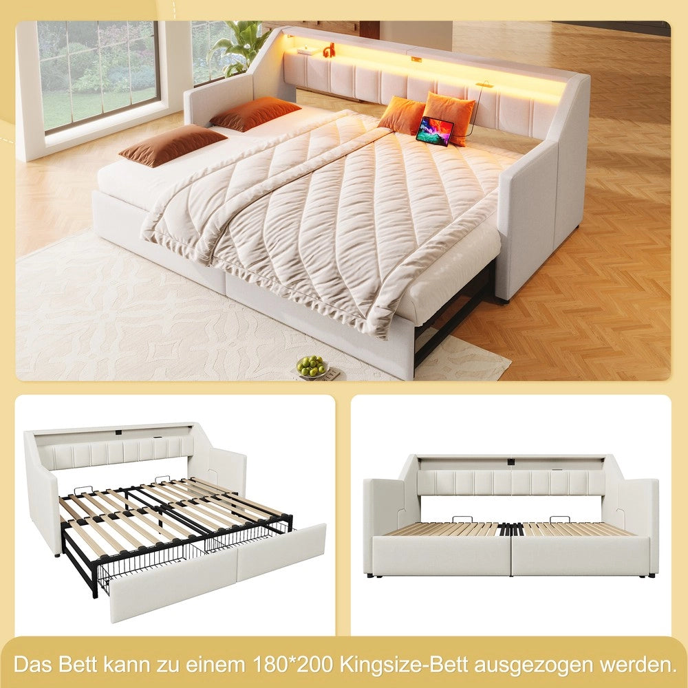 Letto Contenitore Estraibile con LED e Cassetti ¨C MINIMAL ¨C Beige 90x200