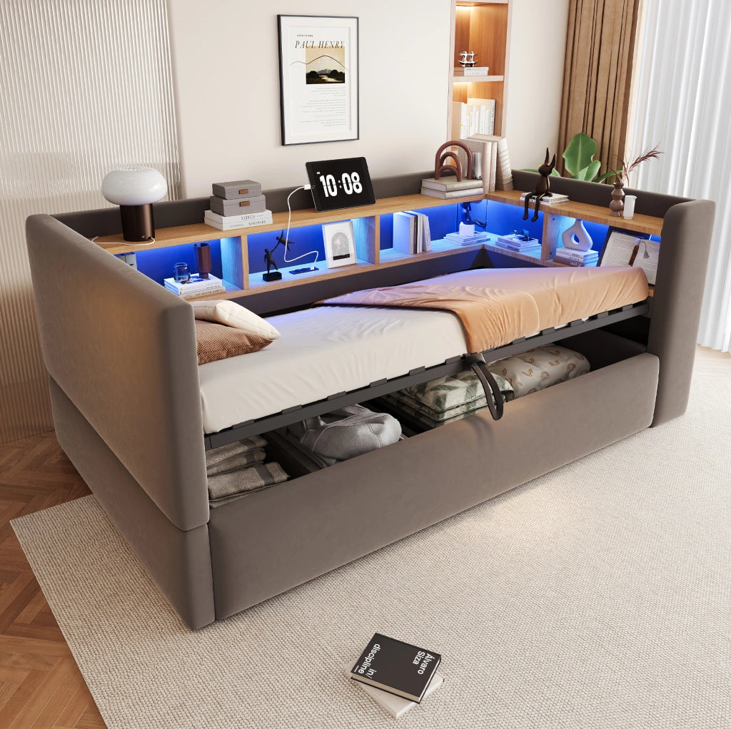 Divano letto 90x190 cm con contenitore idraulico; LED e prese in flanella grigio scuro