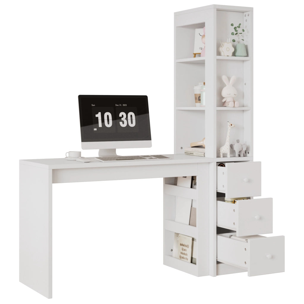 Scrivania bianca con libreria, 3 cassetti e vano laterale 150x50x180 cm